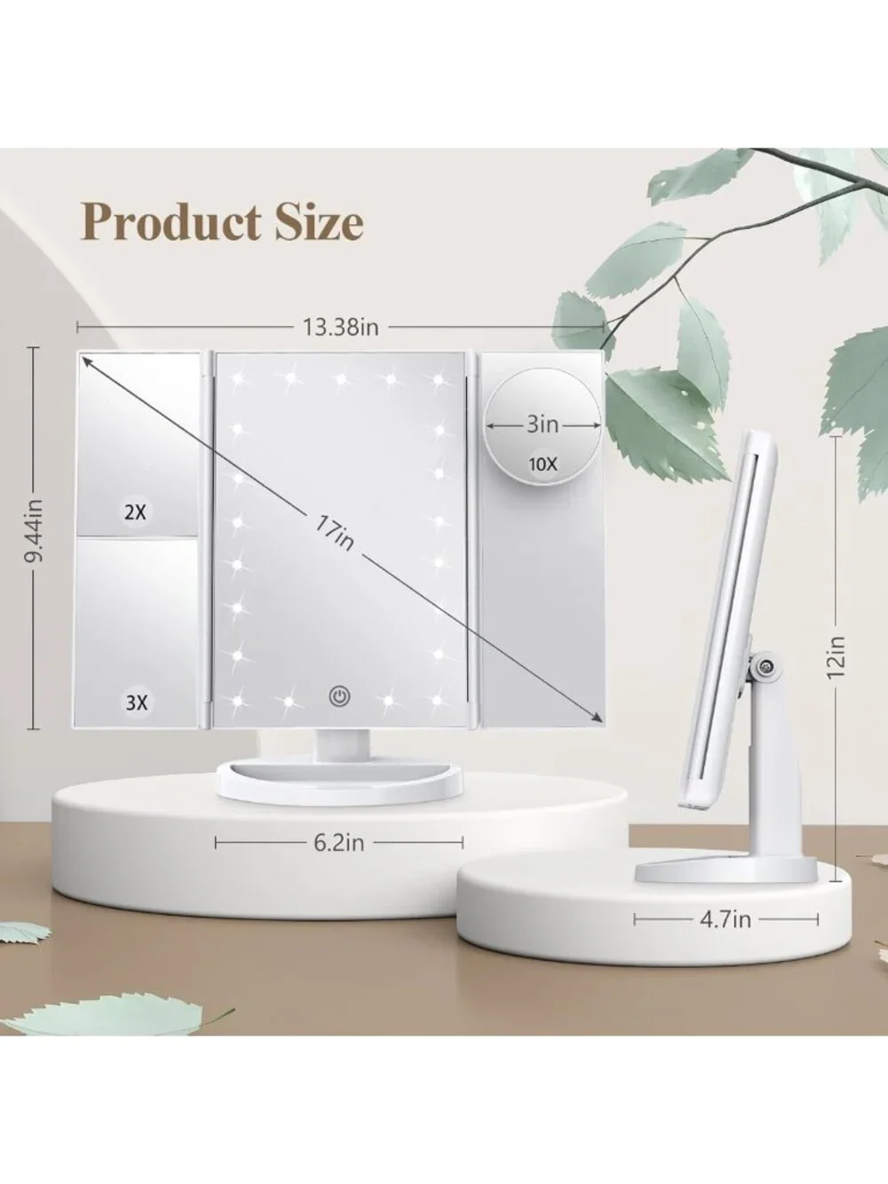 Trifold LED Makeup Mirror with 2X/3X/10X Magnification, Touch Dimming, Dual